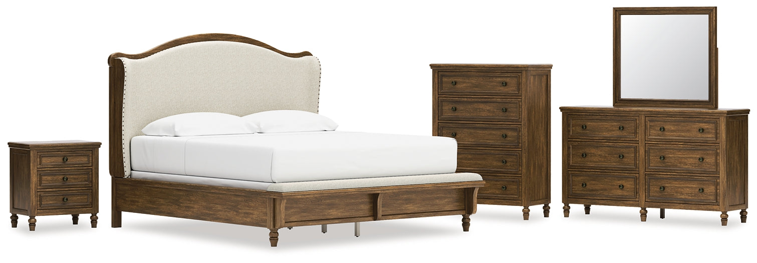 Sturlayne King Upholstered Panel Bed with Mirrored Dresser, Chest and Nightstand