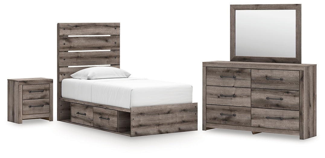 Graystorm Twin Panel Bed with Storage with Mirrored Dresser and Nightstand