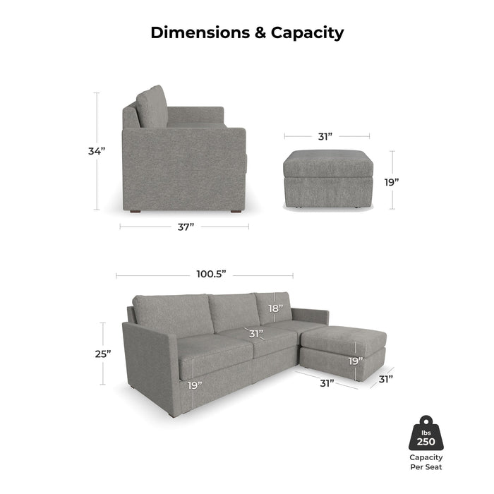 Flex Pebble Fabric Sofa with Narrow Arm and Storage Ottoman