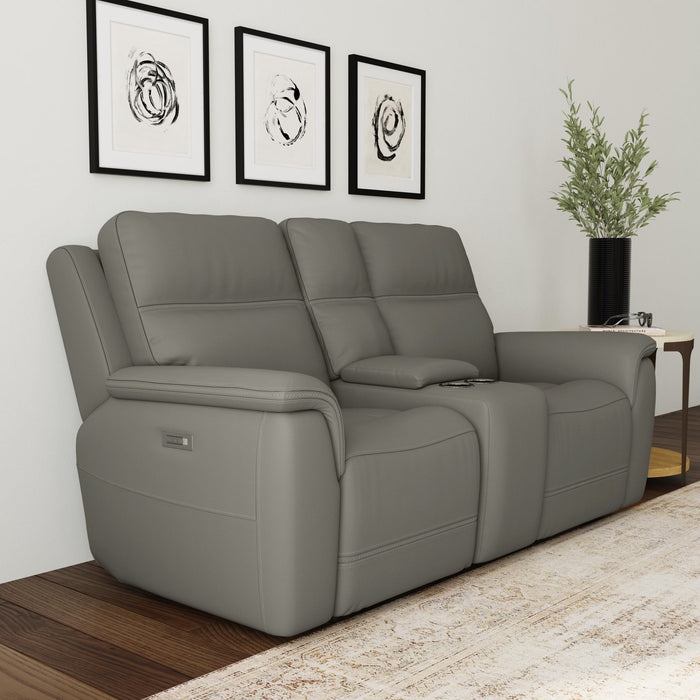 Sawyer Grey Leather Pwr Recl Loveseat w/ Console, Pwr Hdrsts, Lumbar