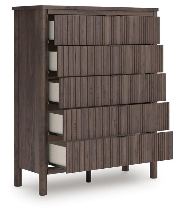 Pamytta Full Upholstered Panel Bed, Dresser, Mirror, Chest and Nightstand