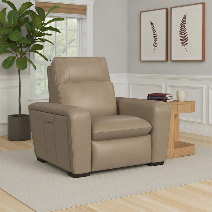 Sense Greige Leather Power Recliner with Power Headrest, Lumbar & Pulse