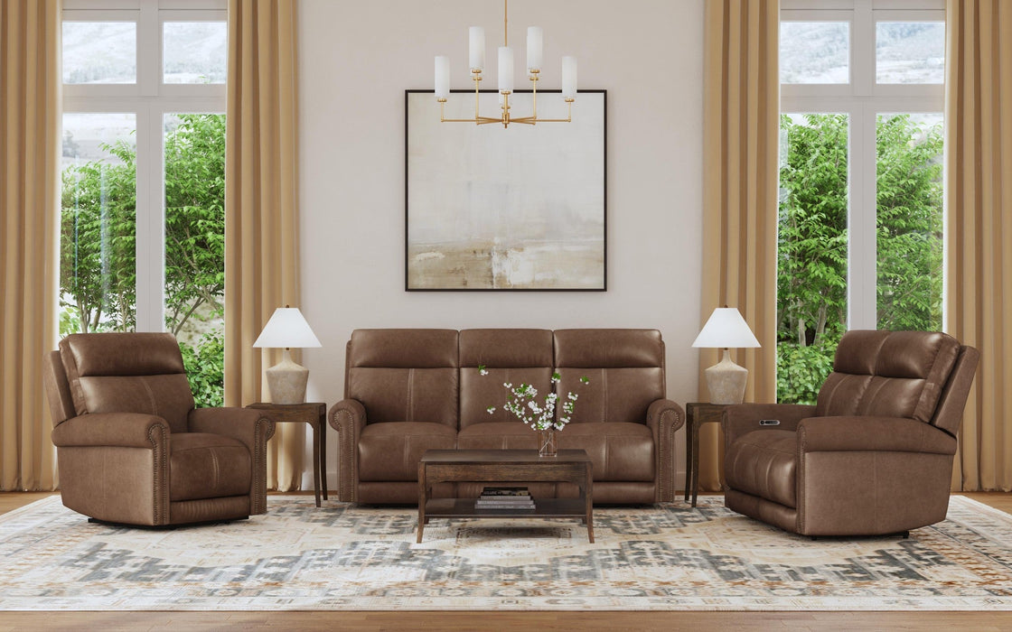 Alexander Tawny Leather Power Reclining Sofa with Console, Power Headrest & Lumbar