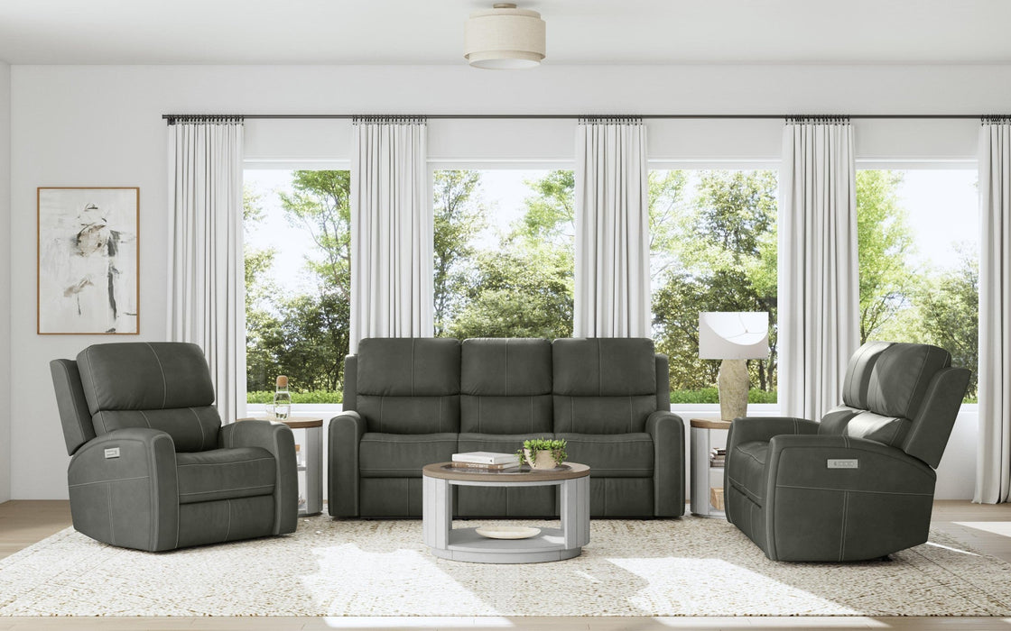Linden Charcoal Leather Power Reclining Sofa with Power Headrests & Lumbar