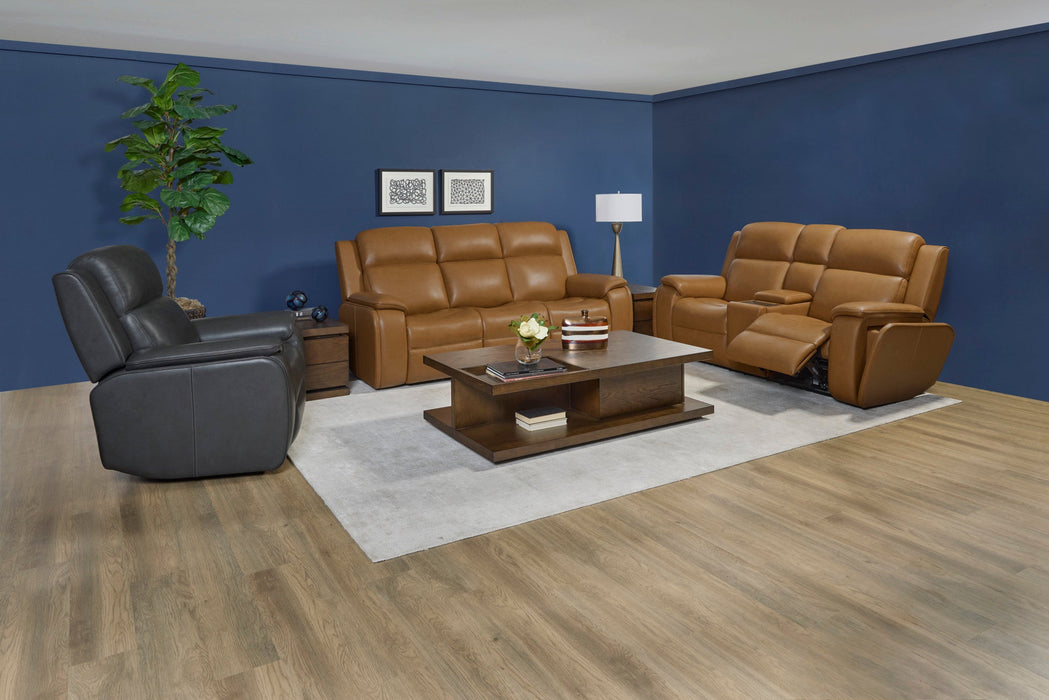 Ziggy Camel Leather Power Reclining Sofa with Power Headrest, Lumbar, Heat & Massage