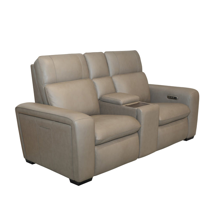 Sense Greige Leather Power Reclining Loveseat with Console, Power Headrest, Lumbar & Pulse