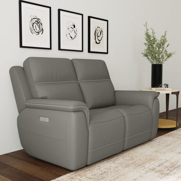 Sawyer Grey Leather Power Reclining Loveseat w/ Pwr Headrests, Lumbar