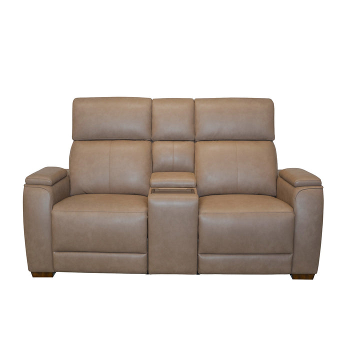 Vibe Taupe Fabric Power Reclining Loveseat with Console, Power Headrest, Lumbar, Heat, Massage & Pulse