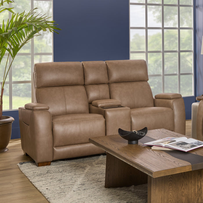 Vibe Taupe Fabric Power Reclining Loveseat with Console, Power Headrest, Lumbar, Heat, Massage & Pulse