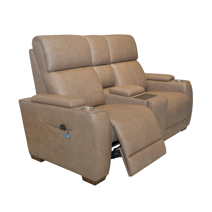 Vibe Taupe Fabric Power Reclining Loveseat with Console, Power Headrest, Lumbar, Heat, Massage & Pulse