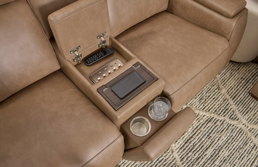 Vibe Taupe Fabric Power Reclining Loveseat with Console, Power Headrest, Lumbar, Heat, Massage & Pulse