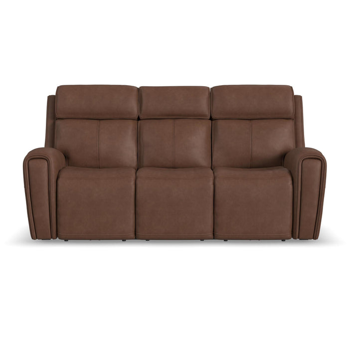 Warren Classic Brown Leather Power Reclining Sofa with Console, Power Headrest & Lumbar