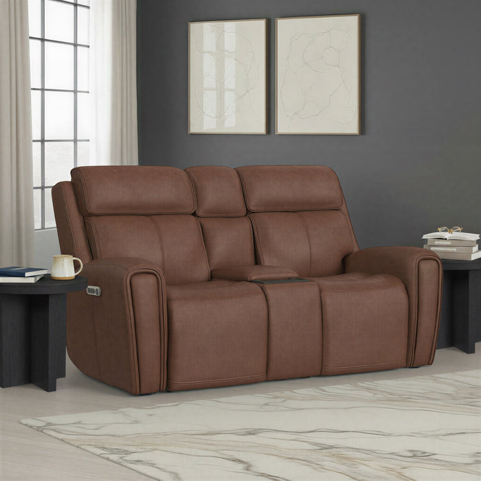 Warren Classic Brown Leather Power Reclining Loveseat with Console, Power Headrest & Lumbar