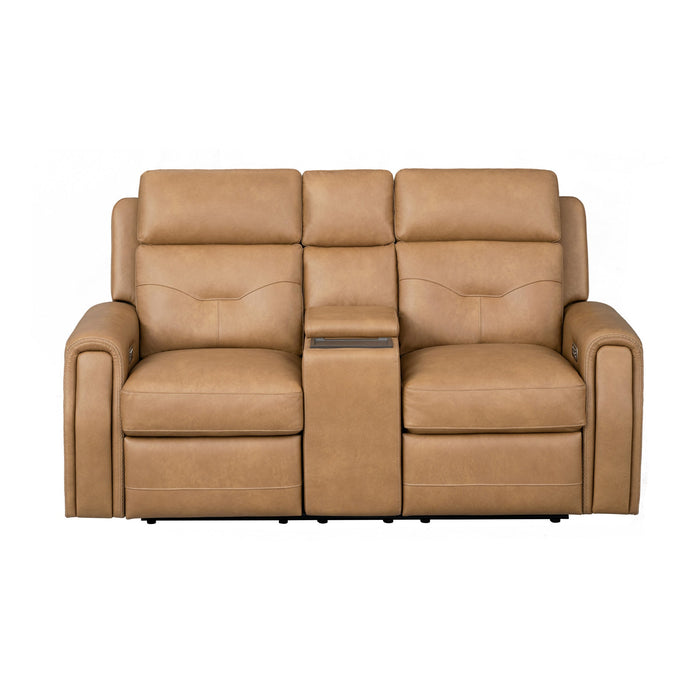 Felix Toasted Almond Leather Power Reclining Loveseat with Console, Power Headrest, Lumbar, Heat & Massage