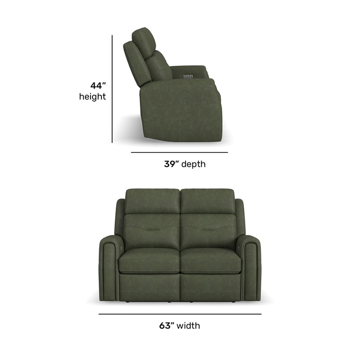 Felix Forest Green Leather Power Reclining Loveseat with Power Headrest, Lumbar, Heat & Massage