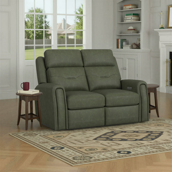 Felix Forest Green Leather Power Reclining Loveseat with Power Headrest, Lumbar, Heat & Massage