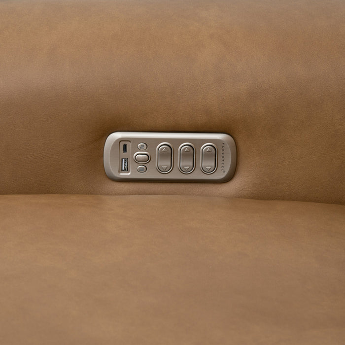 Felix Toasted Almond Leather Power Reclining Sofa with Power Headrest, Lumbar, Heat & Massage