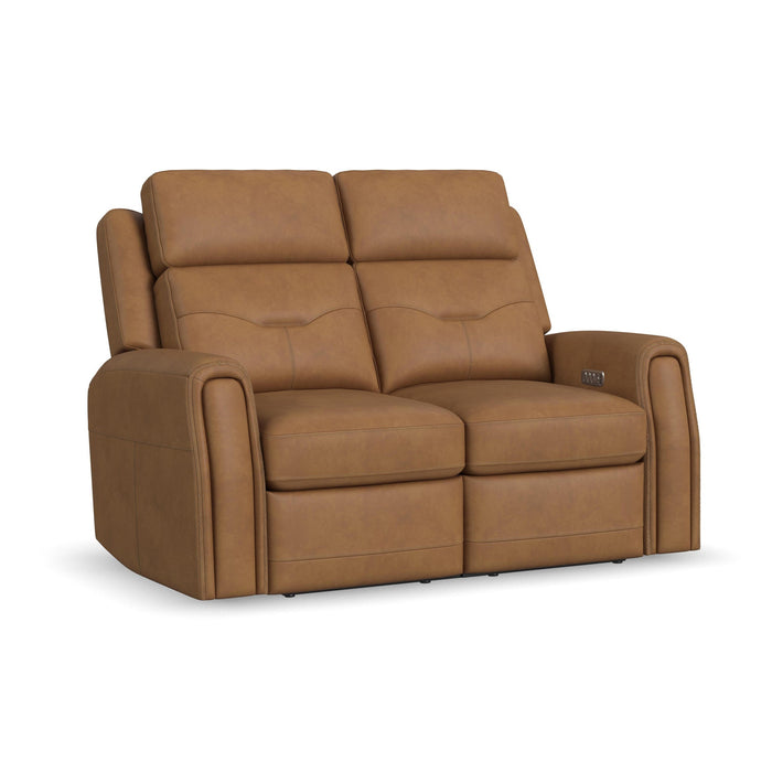 Felix Toasted Almond Leather Power Reclining Loveseat with Power Headrest, Lumbar, Heat & Massage
