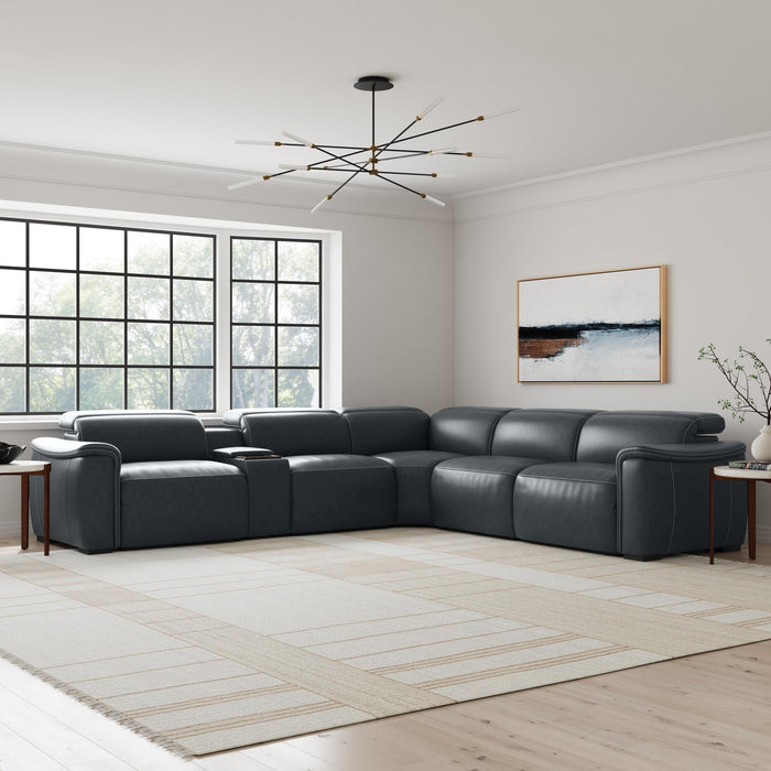Camden Abyss Blue Leather Power Reclining Sectional with Power Headrest