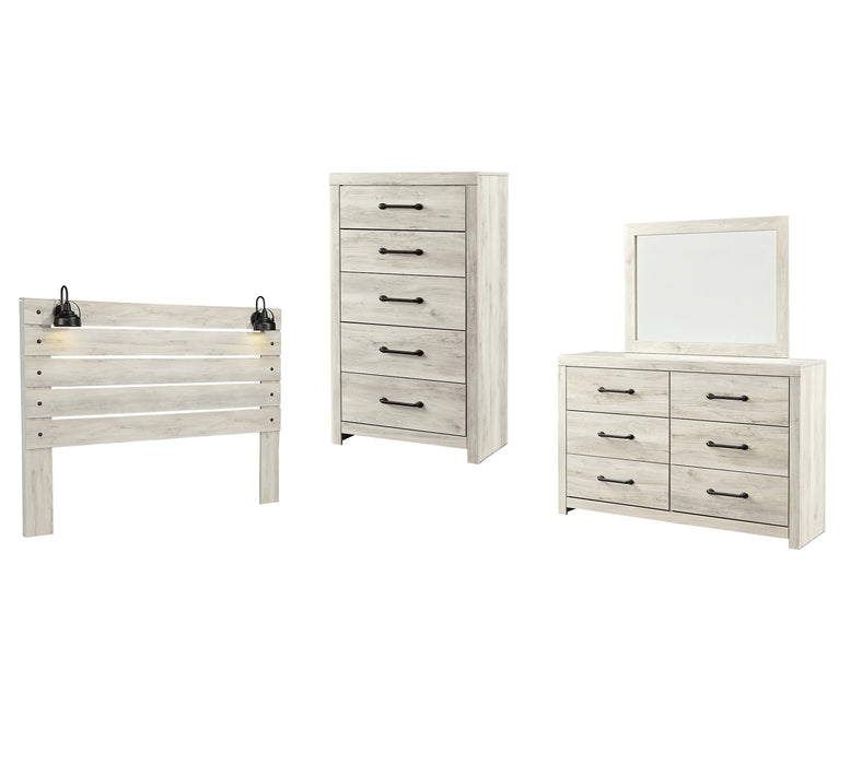 Cambeck King Panel Headboard with Mirrored Dresser and Chest